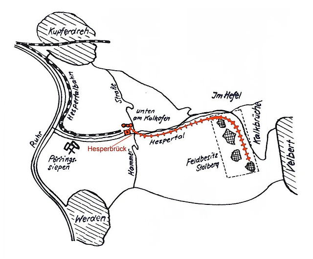 Die Kreuzung Hesperbrück in Werden-Hamm wird von den Straßen Pörtingsiepen, Hespertal und Hammer Straße gebildet. Der heute nicht mehr gebräuchliche Name rührt von der Brücke über den Hesperbach. Diese Kreuzung war lange Zeit der wichtigste Verkehrsknotenpunkt des Hespertals. Reich an Bodenschätzen, entwickelte es sich seit dem späten Mittelalter zu einer reichen Gewerbelandschaft. Mehrere Mühlen und Eisenhämmer nutzten die Wasserkraft des Hesperbachs, in Schleifkotten wurden Acker und Hausgeräte ausgeschmiedet. Daneben siedelten sich Betriebe an, die die reichlich vorhandenen Bodenschätze abbauten. Kohleführende Gesteinsschichten an den Waldhängen des Hespertals lieferten Steinkohle. So wurde schon 1578 vom Richrader Berg in der Nähe von Hesperbrück Kohle abgebaut und lt. Vertrag der Kohlenzehnte an den Abt von Werden geliefert.